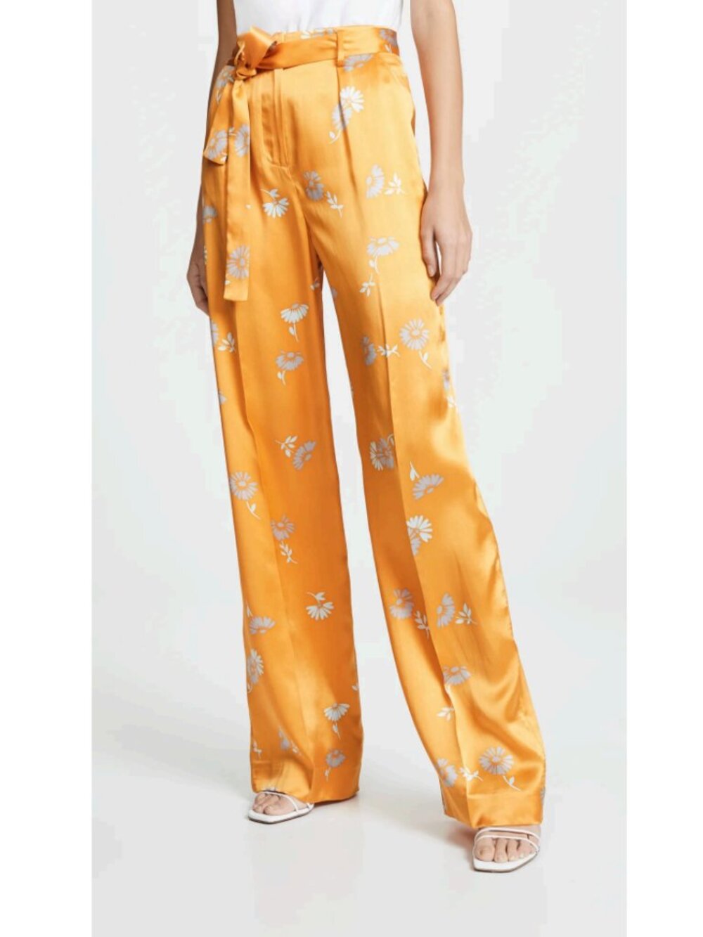 EQUIPMENT EVONNE WIDE LEG SILK FLORAL PRINT SILK TROUSERS ORANGE/SILVER SIZE 6